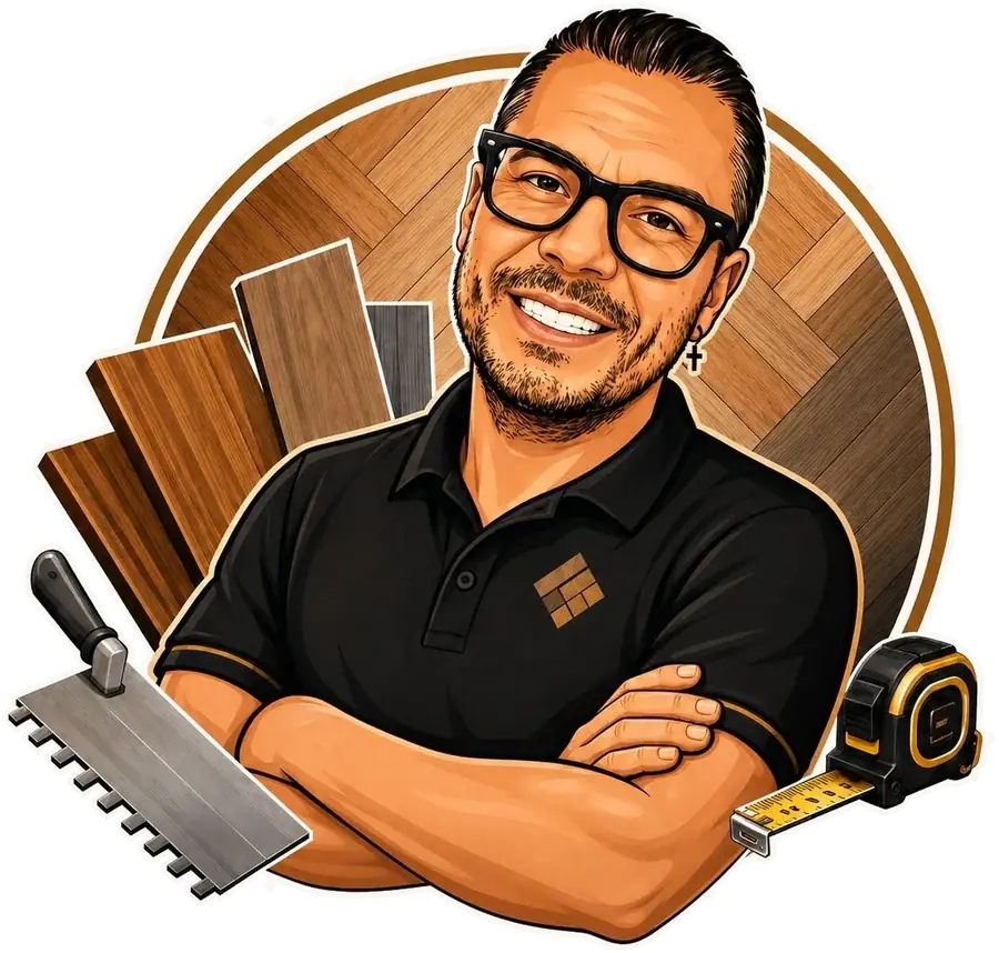 Cartoon of Alex with his flooring tools
